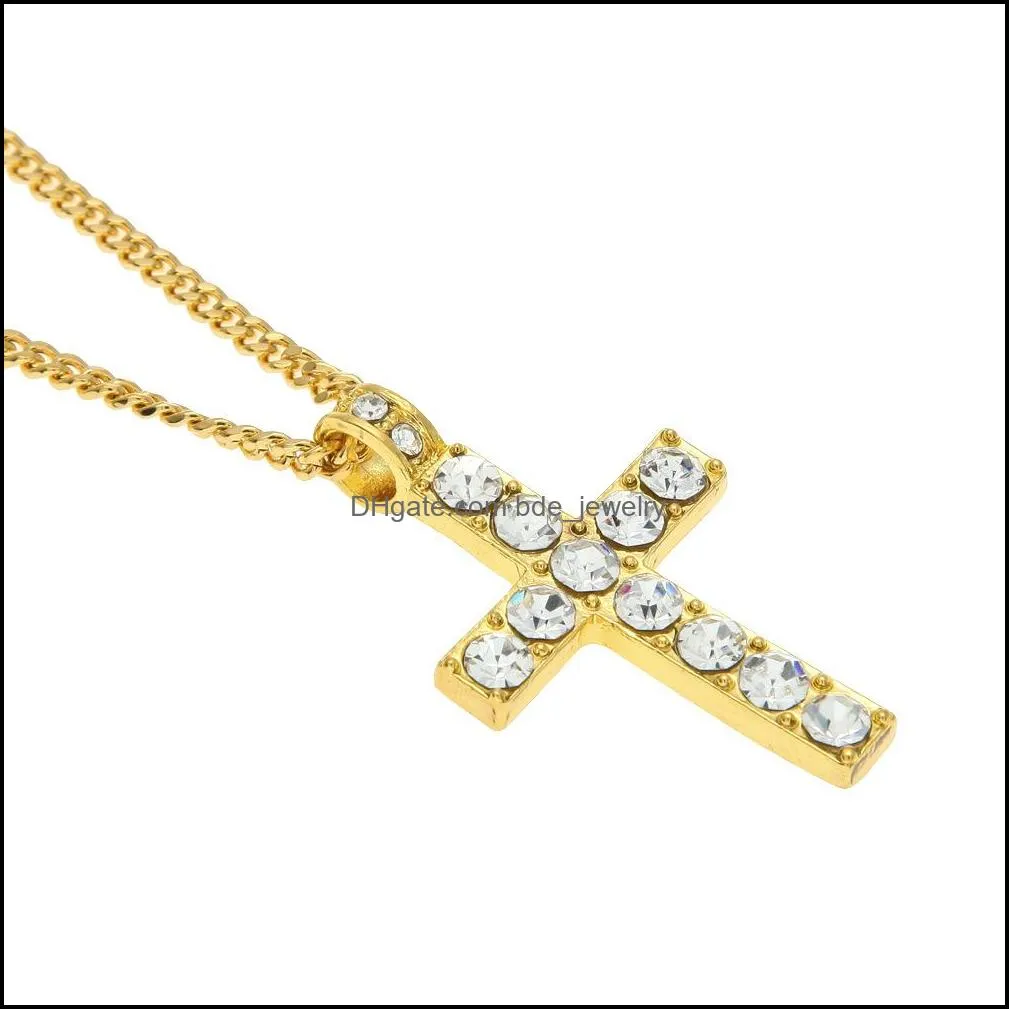 mens iced out cross necklaces for women hip hop bling crystal crucifix pendant gold silver chains rapper hiphop jewelry gift