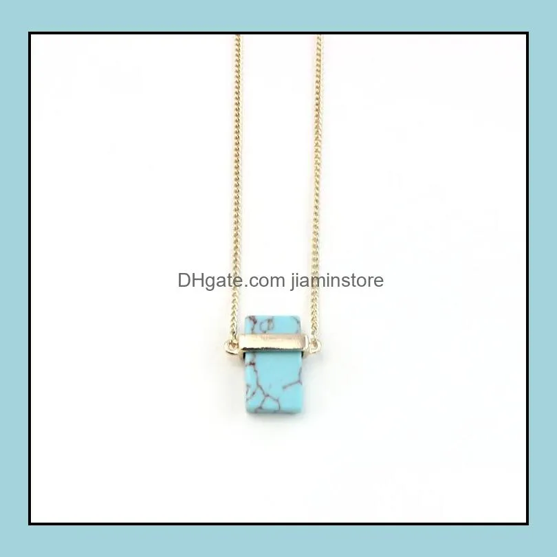 4 colors blue pink quartz turquoise necklace rectangle natural stone gold plated sweater long necklaces for women jewelry