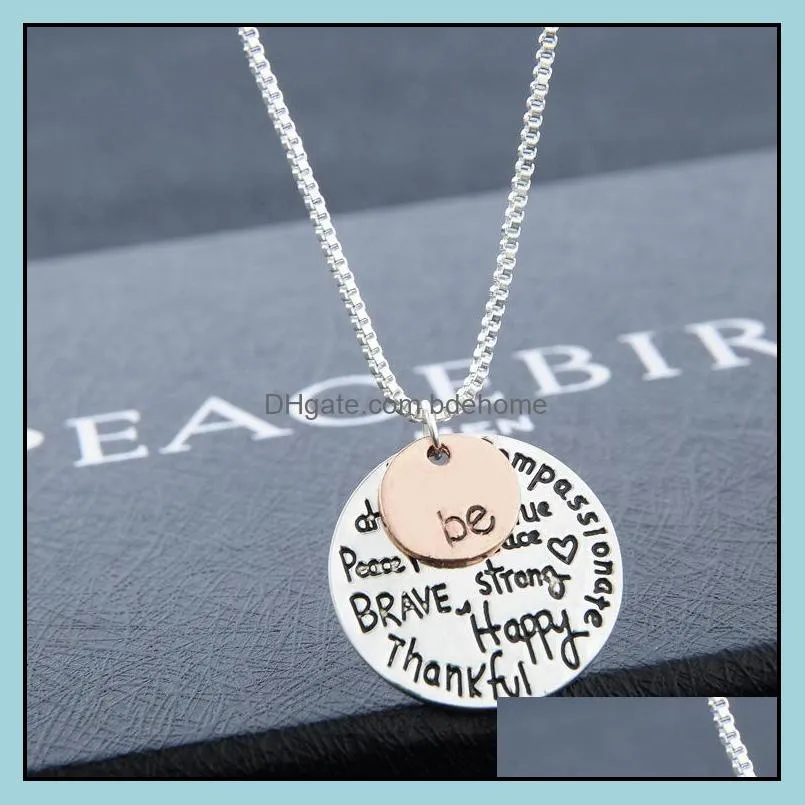  twotone be graffiti friend brave happy strong thankfull lettering charm round pendant necklaces for womens fashion