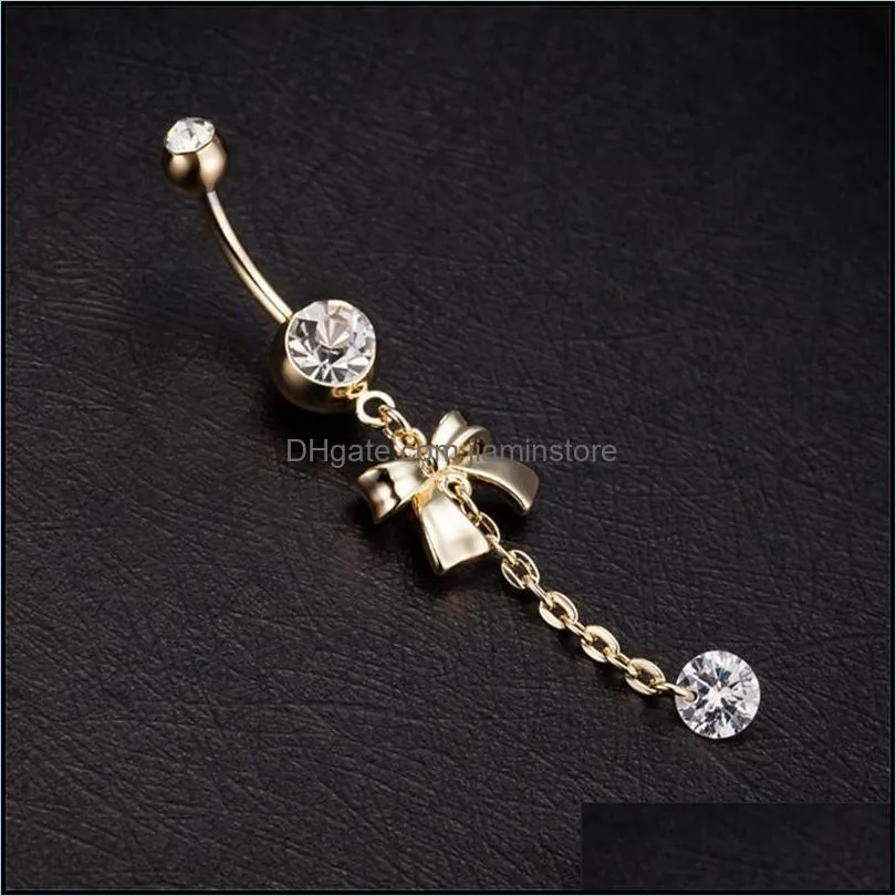 bowknot 18k gold plated navel chain cubic zirconia ring percing belly body jewelry piercings belly button rings