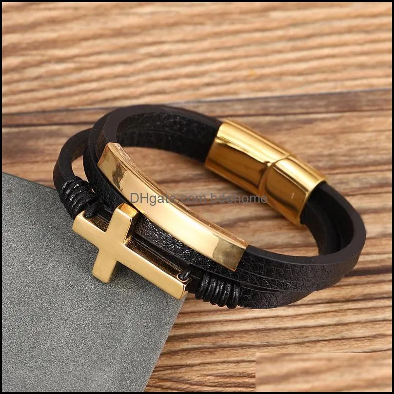 stainless steel leather cuff wrapped bracelet jewelry women bangle men cross bracelets q291fz