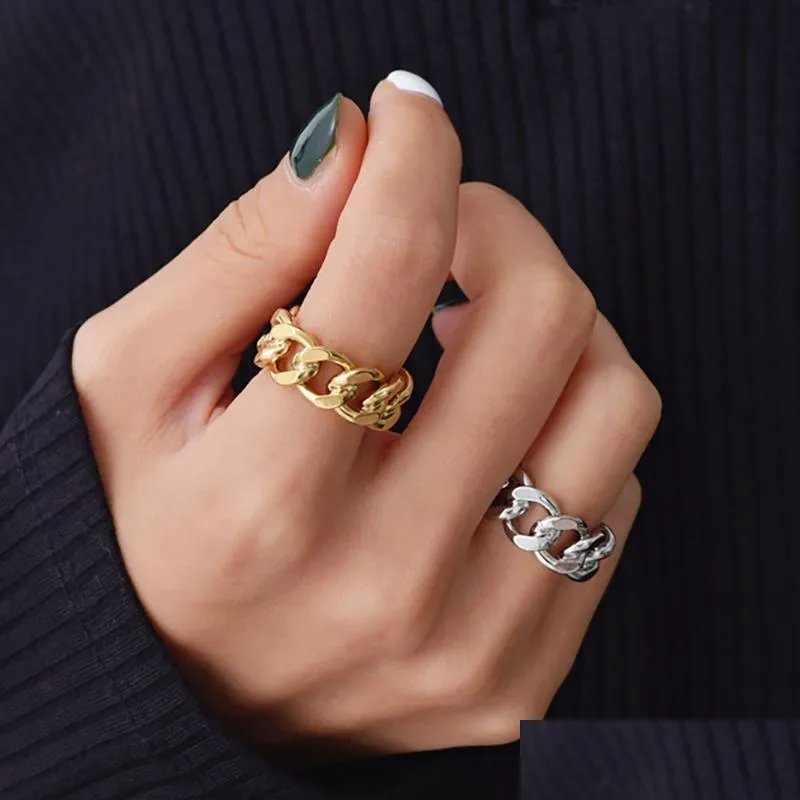 cluster rings punki gold silver color chunky link twisted geometric chain ring for women vintage open adjustable 2021 trendy