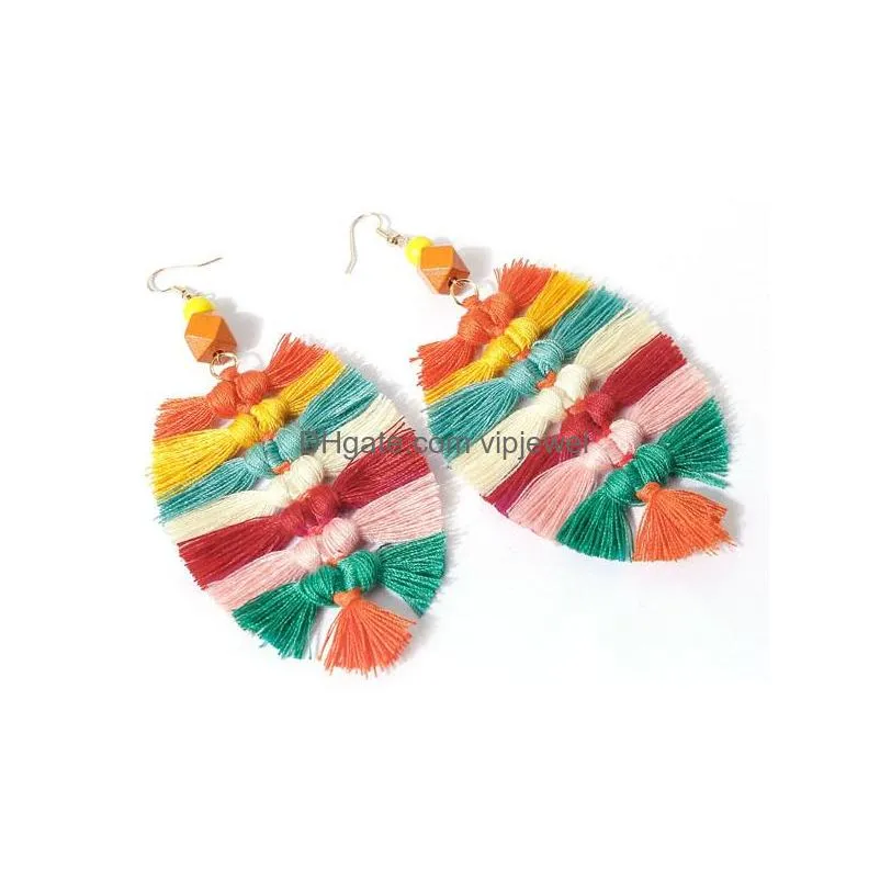 bohemian colorful tassels earrings cotton thread handmade leave pattern ethnic style woven leaf earrings