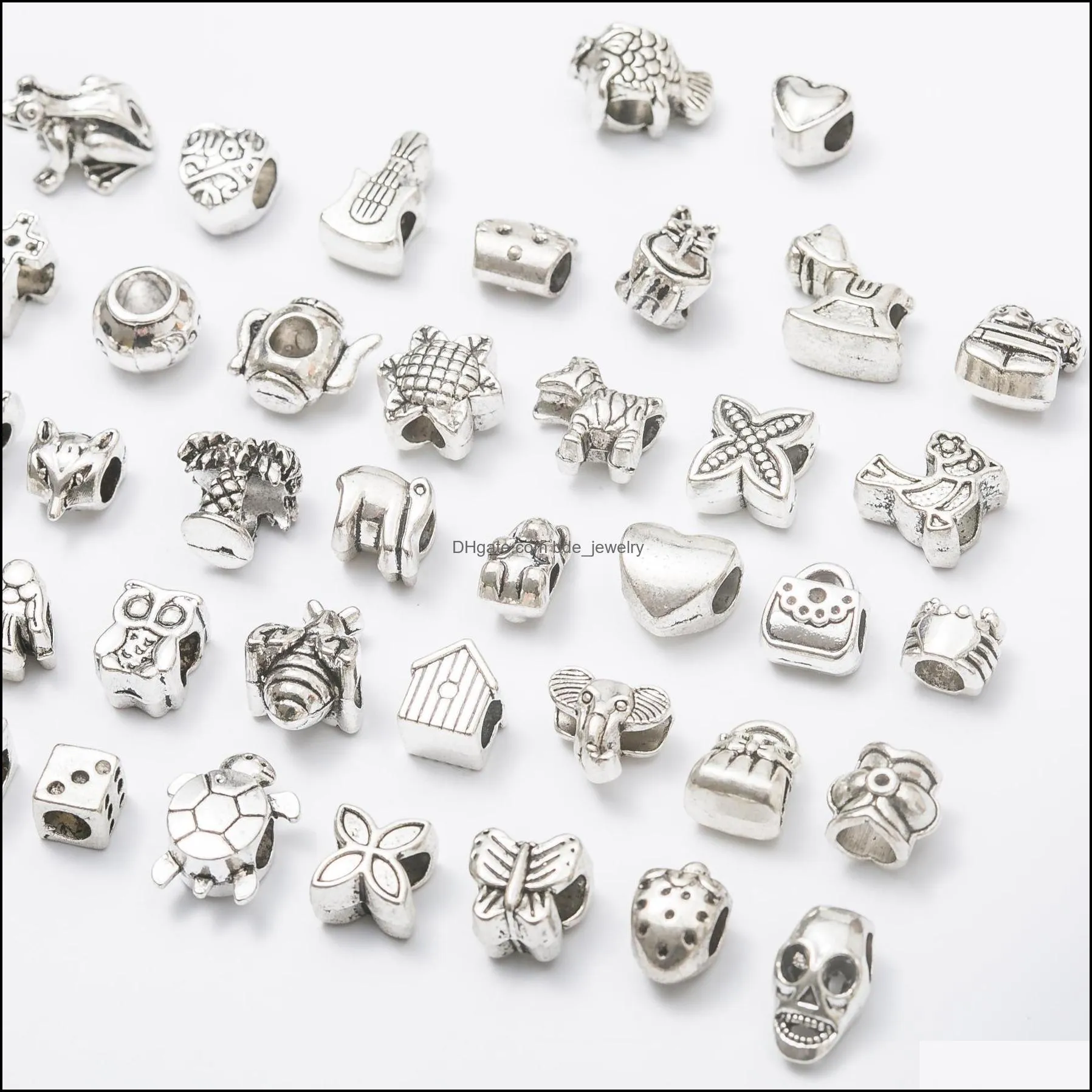 40 styles big hole loose beads charms fashion silver metal european skull square beads for bracelets necklaces jewelry making