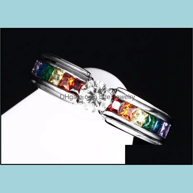 316l stainless steel les rainbow rings women cubic zirconia cz diamond gemstone titanium steel ring for ladies fashion wedding jewelry