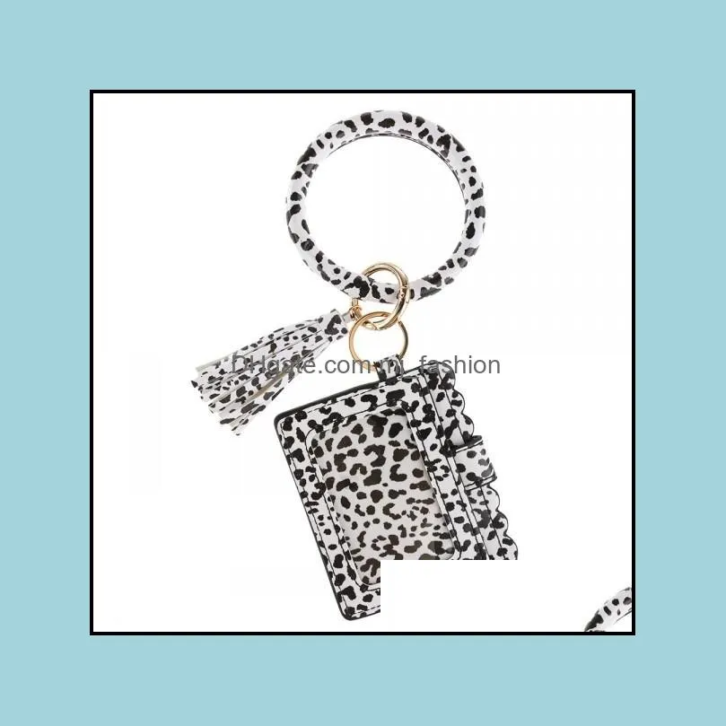 leopard wristlet bracelet key rings tassels id card holder with leather tassel bangle keychain drivers license keyring q15fz