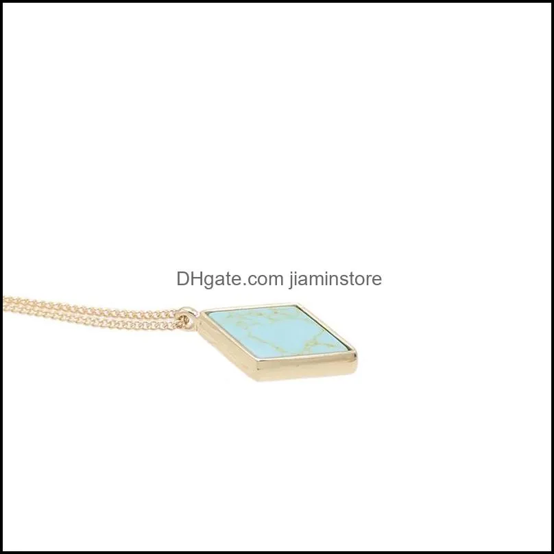 fashion both sides rhombus natural stone white turquoise necklace gold metal long chain sweater statement necklace