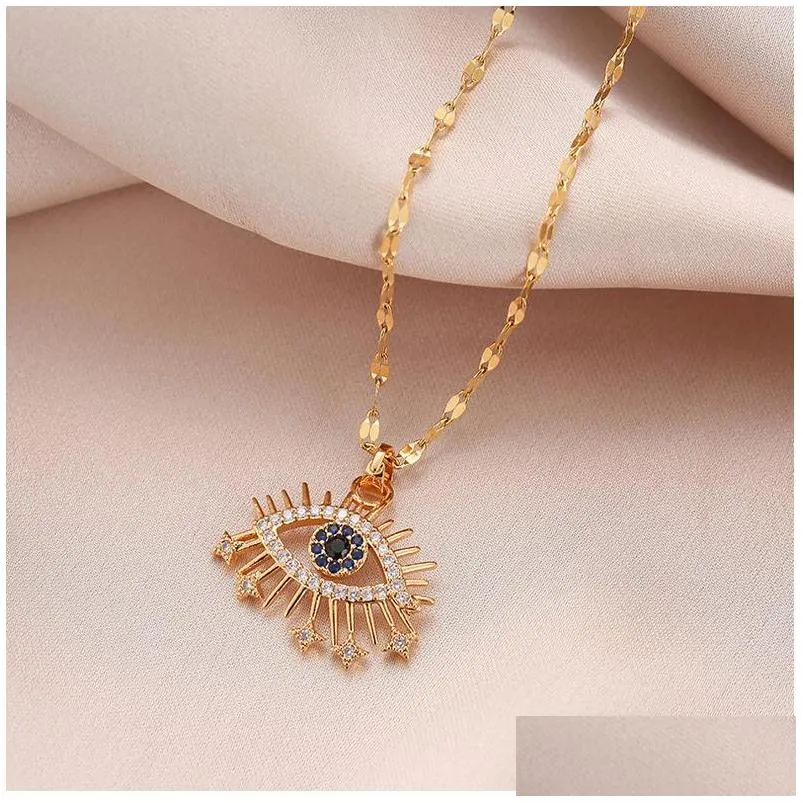 fashion jewelry evil eye pendant necklace for women titanium steel cystal rhinestone blue eye choker necklace