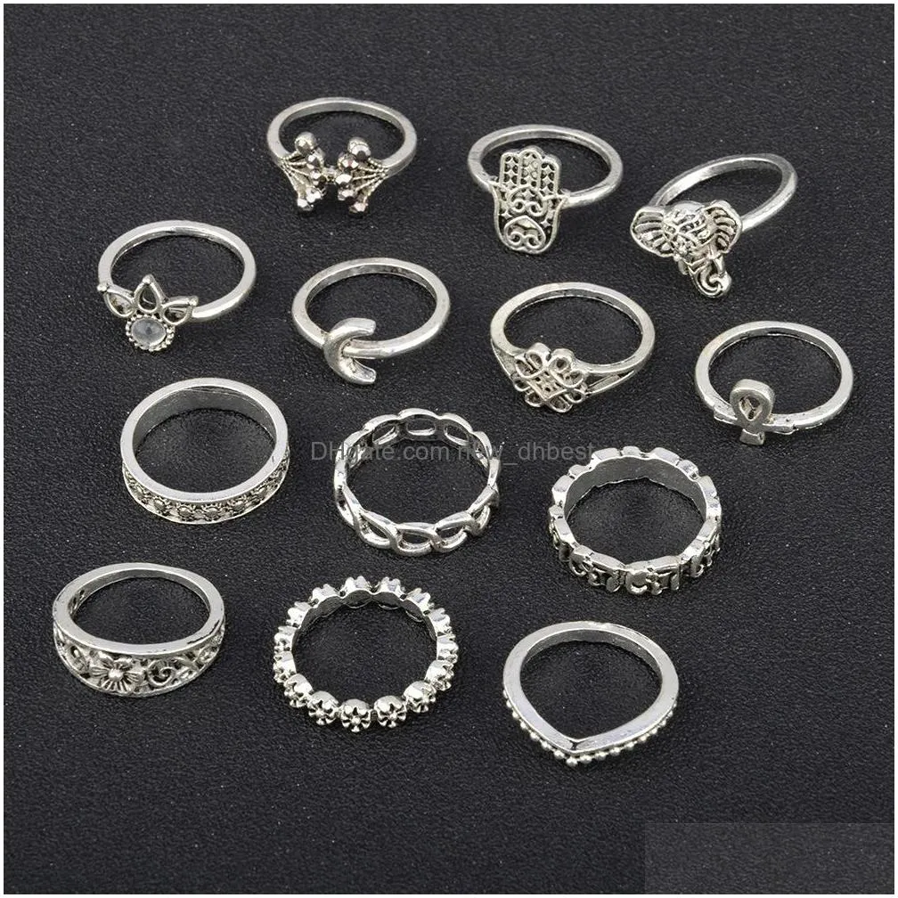 fashion jewelry ancient silver gold knuckle ring set flower elephant crescent stacking rings midi rings set 13pcs/set