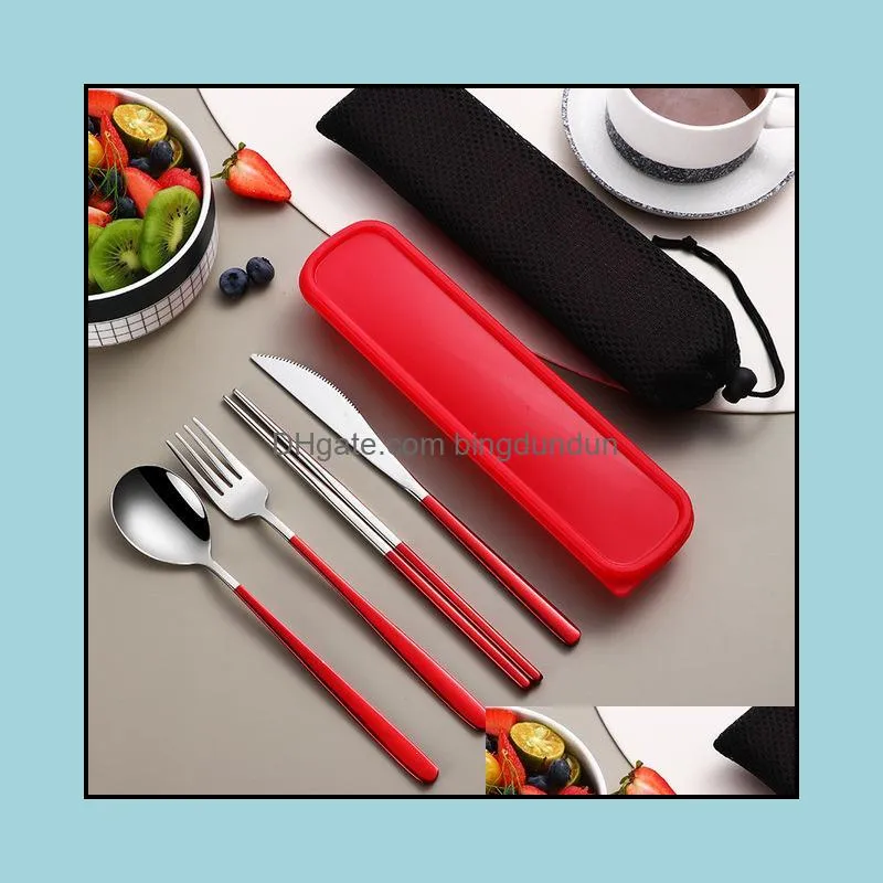 stainless steel flatware set portable cutlery sets for outdoor travel picnic dinnerware set metal straw with box and bag rre13746