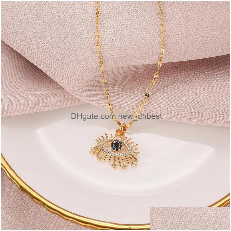 fashion jewelry evil eye pendant necklace for women titanium steel cystal rhinestone blue eye choker necklace