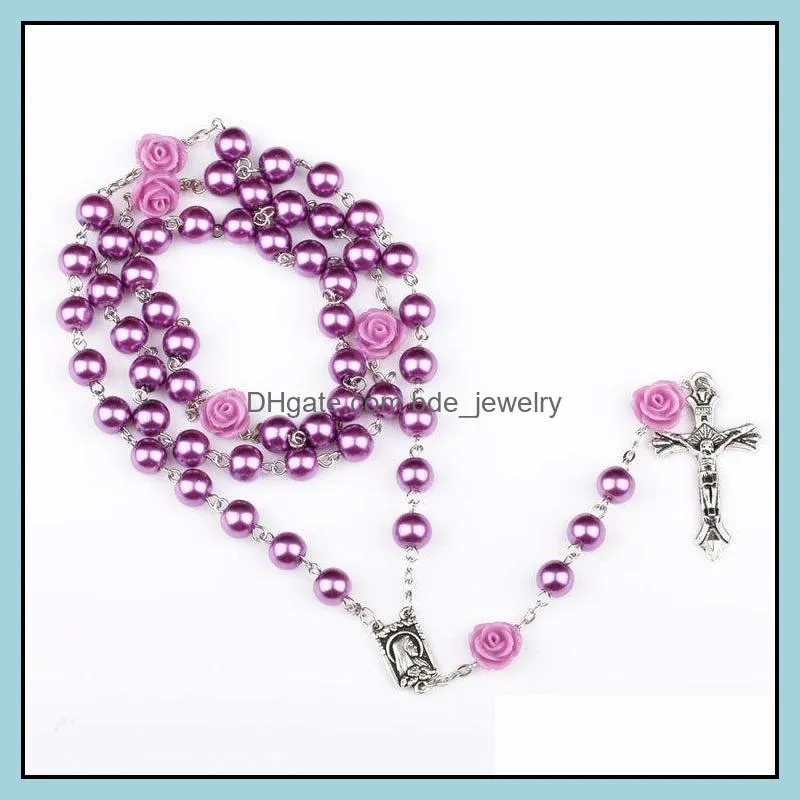 purple prayer beads catholic rosary long necklace for women mens religious catholic madonna jesus cross pendant rose flower chains