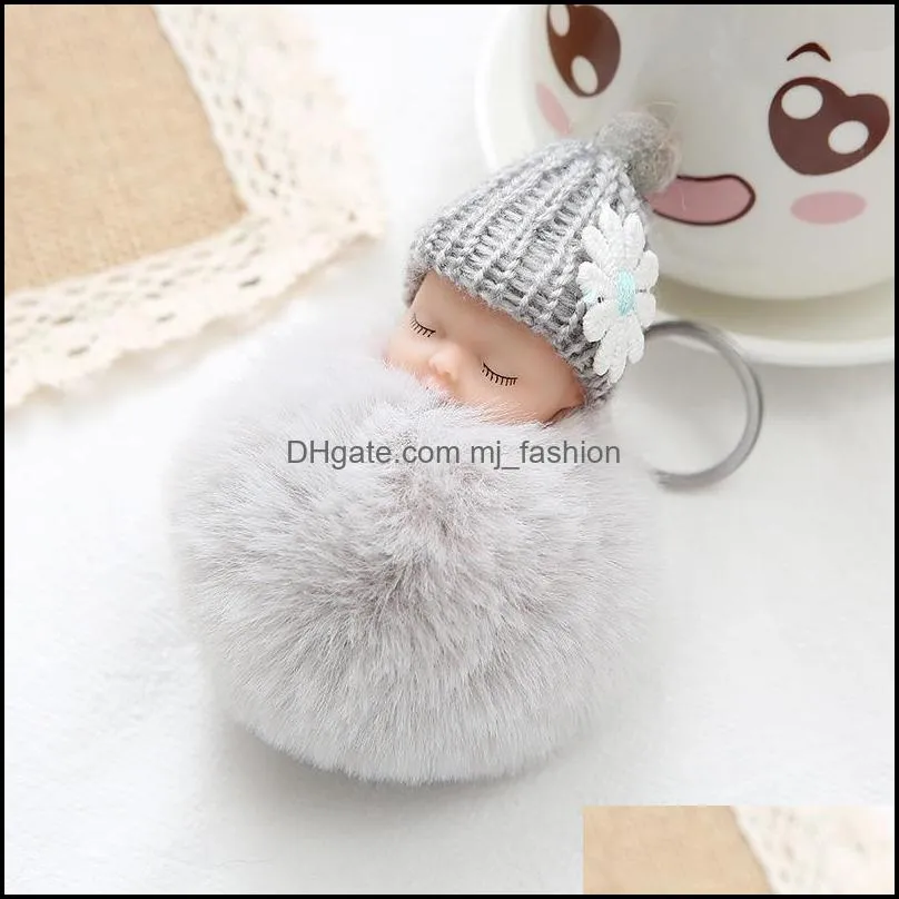 cute purse key rings fashion sleeping baby doll keychains fluffy fur pompom keyring pendants keyfob holder party favor