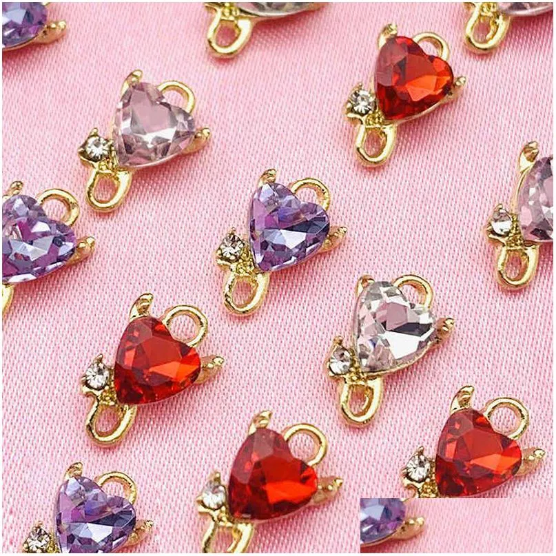 10pcs mini crystal heart shape love charms pendant 13x8mm gold color zinc alloy charm for diy earring jewelry making accessories