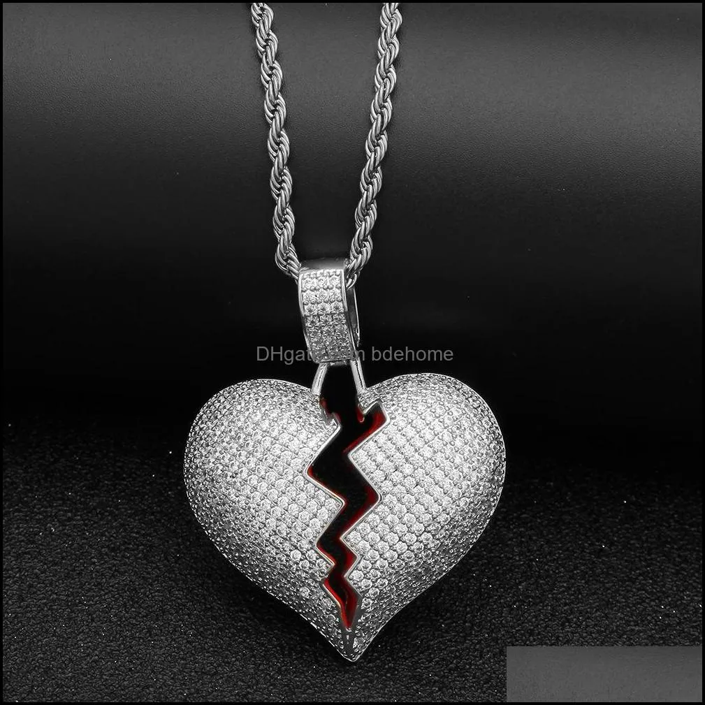 iced out cz broken love heart pendant necklaces bling cubic zirconia gold silver charm twisted chain for women men rapper hip hop