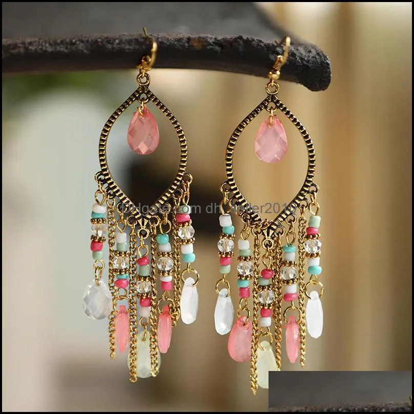 classic vintage dangle womens corful crystal beads long tassel earrings fashion jewelry bohemia wedding earring hangers 478c3