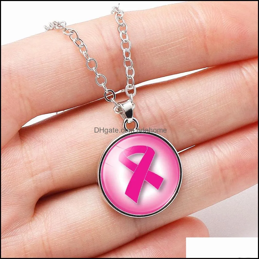 breast cancer awareness pink ribbon necklaces for women glass faith hope cure believe letter pendant chains fashion jewelry in bulk