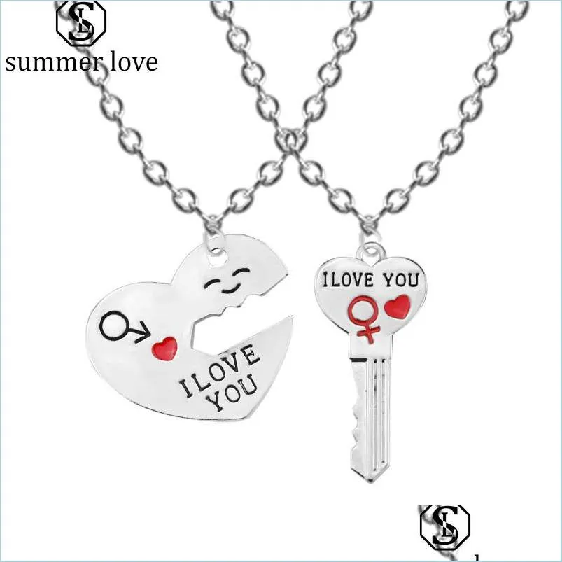  i love you heart pendant necklace keychain jewelry set for women couple romantic key shape couple lover gift wholesale