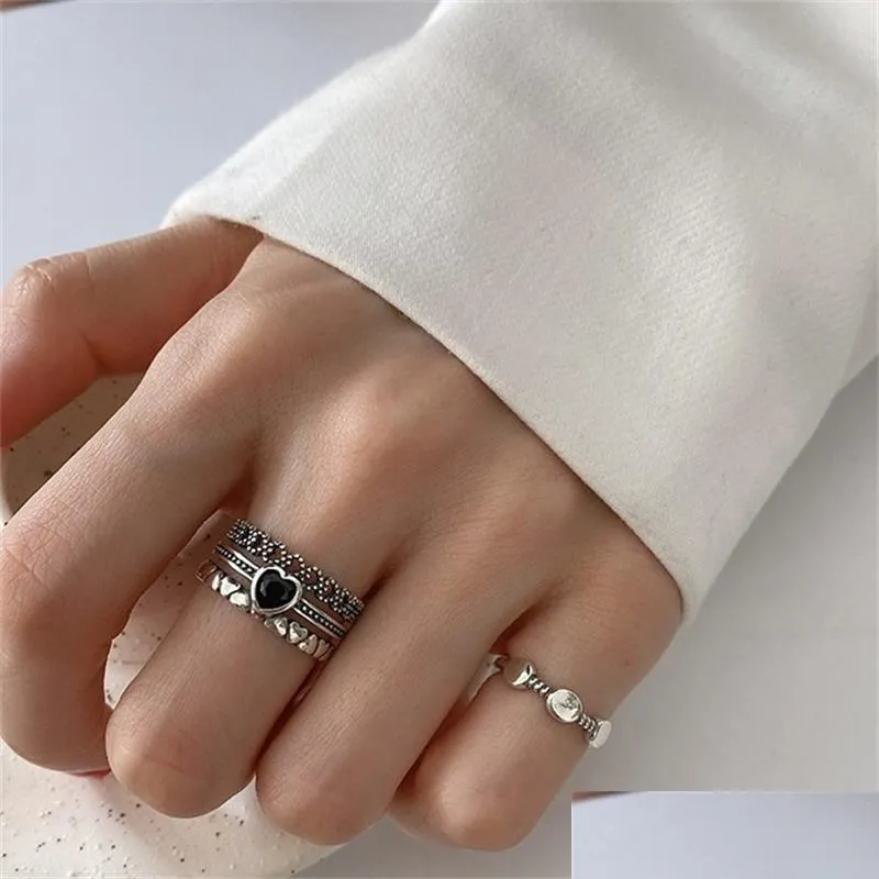 cluster rings ins personality retro sweet cute love heart ring adjustable multilayer for women girls fashion jewelry gift