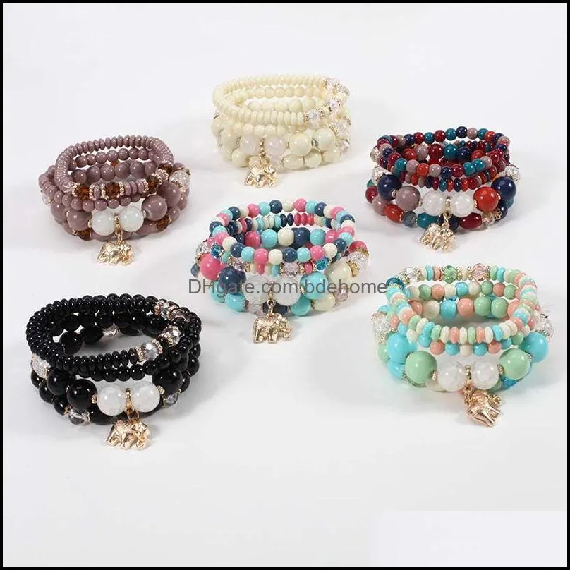 vintage elephant alloy pendant elastic multilayer beads strands bohemian bracelets women lava stone wristband bangles for party gift