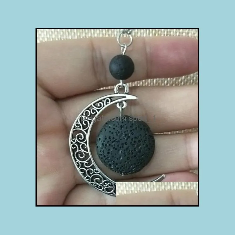 fashion silver color round lava stone moon necklace volcanic rock aromatherapy essential oil diffuser necklace for women jewelry