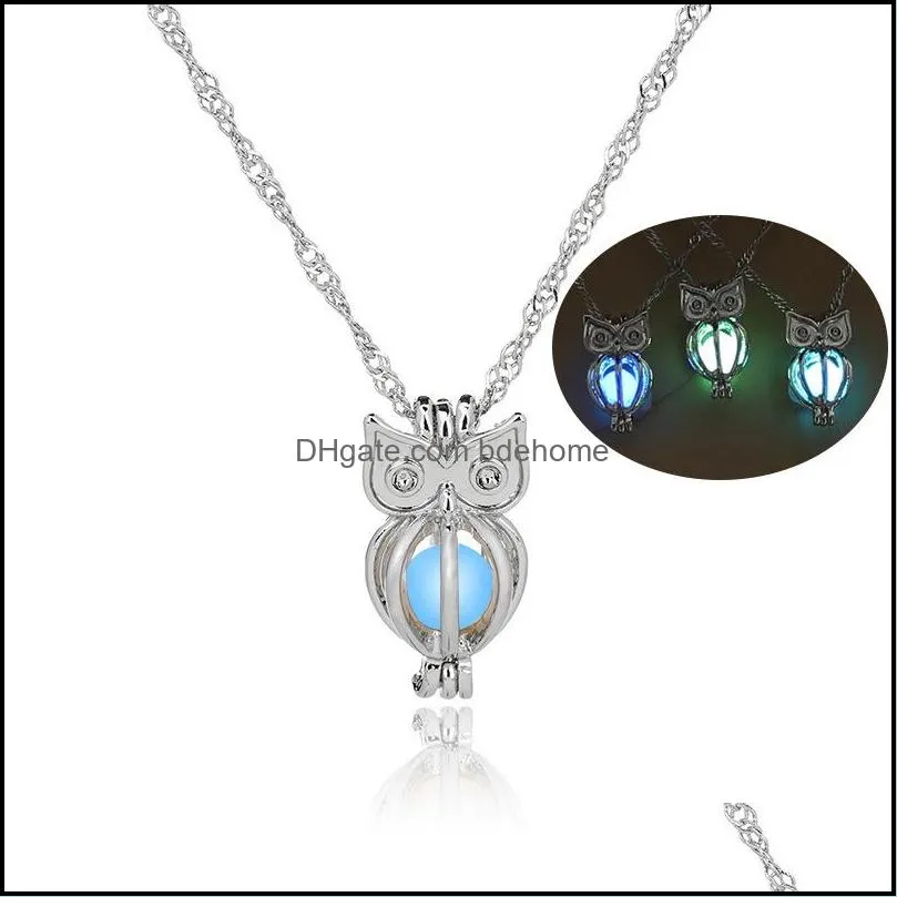 3 colors/styles glow in the dark necklaces for women hollow mermaid owl gun skull key dragon pineapple cage locket pendant chains
