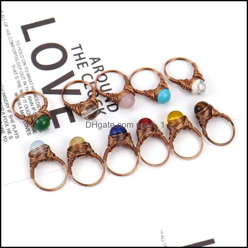 retro wire wrap natural stone craft ball rings lapis lazuli amethysts tiger eye opal pink crystal ring for women jewelry