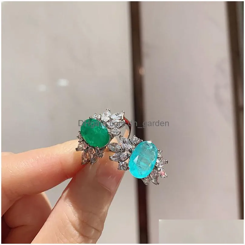 cluster rings charms sterling 925 silver 8x12mm paraiba tourmaline emerald gemstone for women high carbon diamond fine jewelry