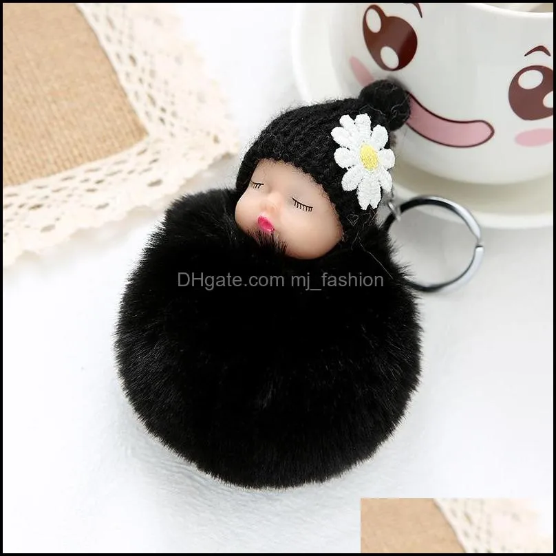 cute purse key rings fashion sleeping baby doll keychains fluffy fur pompom keyring pendants keyfob holder party favor