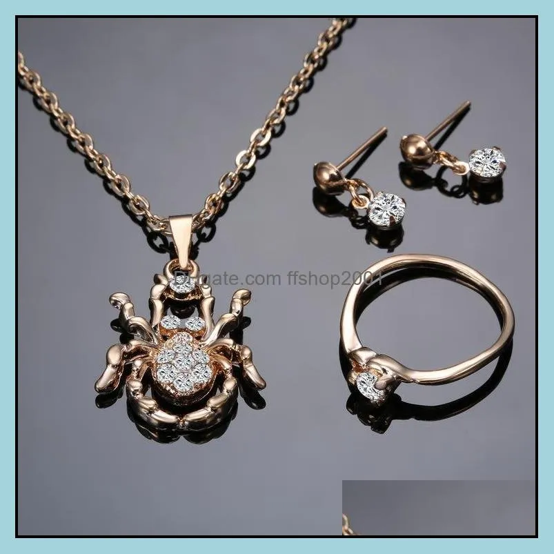 fashion women jewelry 3pcs sets necklace earrings ring diamondencrusted spider pendant necklaces for bridesmaid jewelry sets