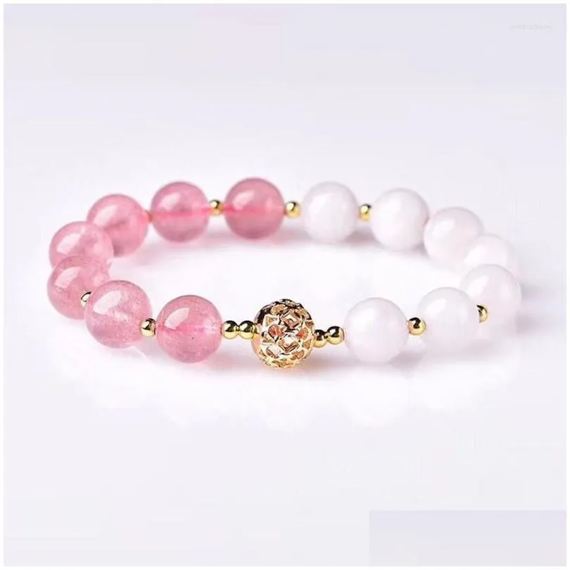 strand wholesale strawberry natural crystal and white stone bracelets 10mm round beads bracelet lucky for women girl fashion jewelry