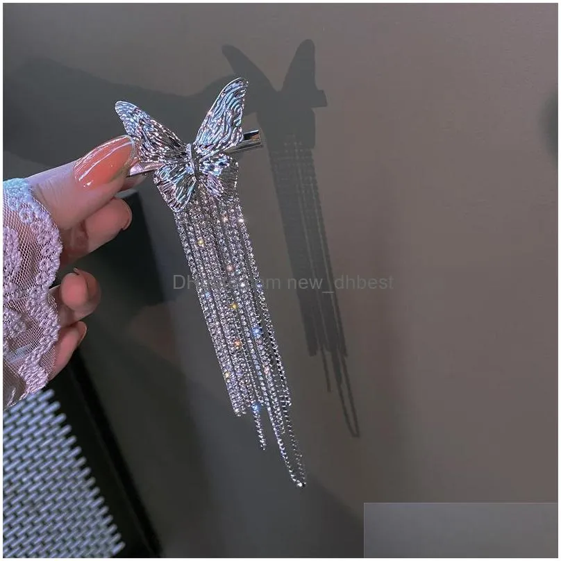 fashion jewelry women butterfly hairclip barrettes full diamond long tassels hairpin hair side clip accessories