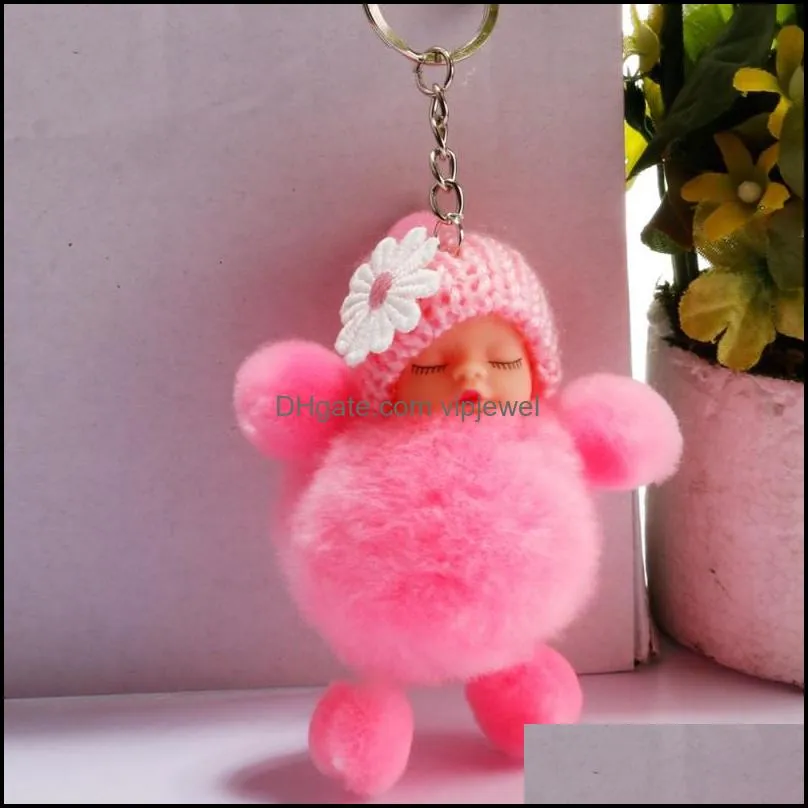 sleeping baby doll keychain pompom fur ball keyrings car key holder women bag pendant keychains charm gift