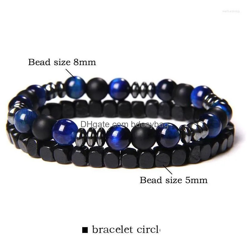 strand natural tiger eye stone bracelet set 2 chains bracelets men vintage stretch jewelry women 8 mm matte onyx hematite beads bangle