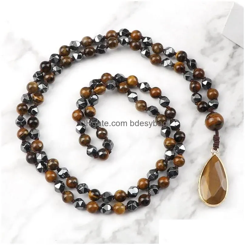 pendant necklaces 108 mala beads necklace natural tiger eye stone irregular hematite rosary drop neck jewelry for women men yoga