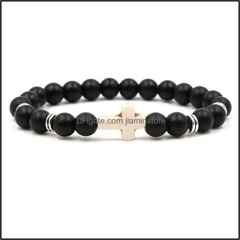 unisex natural stone 7 colors cross charm bracelet hand work black onyx volcano matte beaded bracelets for women men
