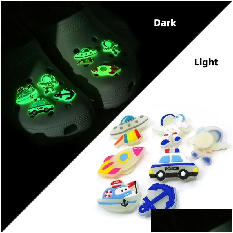 glow in the dark croc charms space alien pattern luminous clog pins shoe charm buckles decorations 2d pvc fluorescent shoe accessories fit child wristband