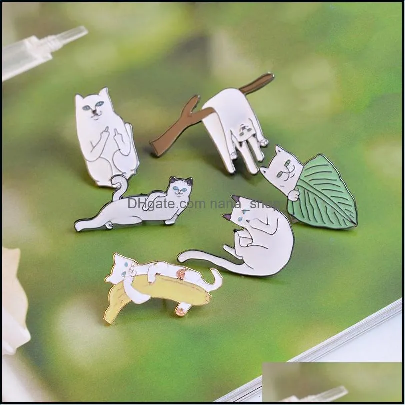 cartoon enamel funny lazy cats with banana design brooch pins animal button lapel corsage badge for women men child fashion jewelry