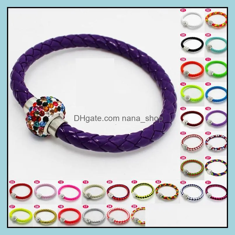 2016 braided bracelets pu leather magnetic button bracelet cz disco crystal bead bangle multicolor handcraft gift
