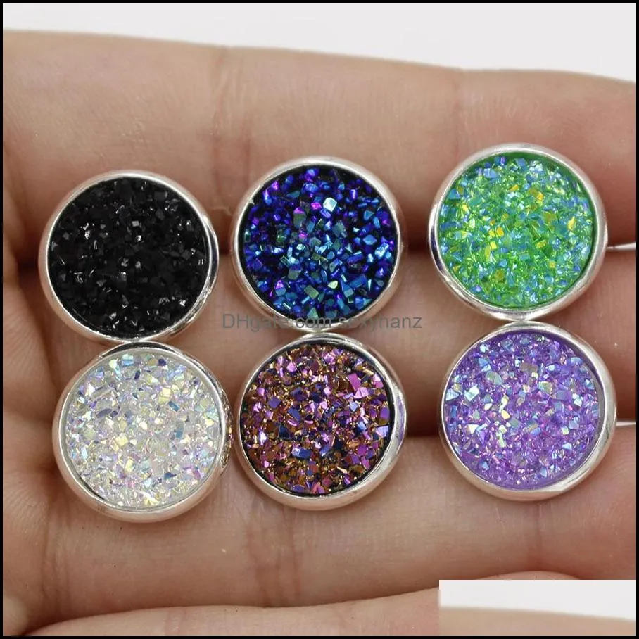 fashion silver gold plated round stainless steel 12mm resin druzy drusy earrings handmade stud for women jewelry