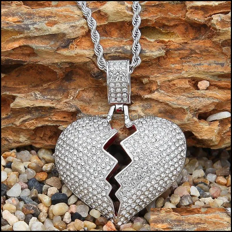 hip hop broken love heart necklace iced out bling crystal heartshaped pendant gold silver twisted rope chain for women men rapper