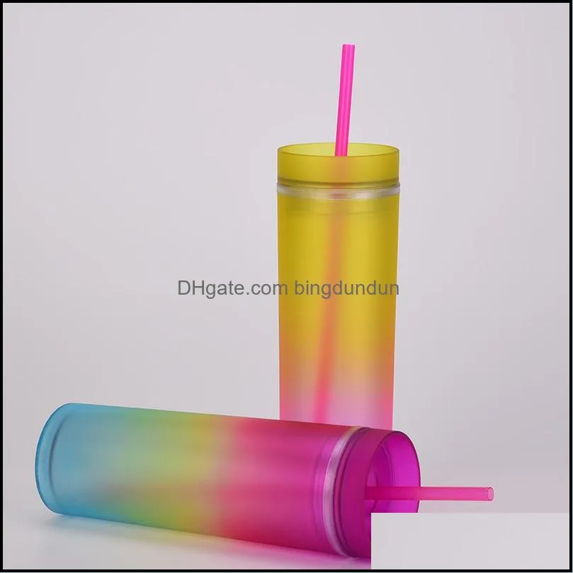 450ml gradient color tumbler with straws summer party drinks cup reusable plastic skinny tumblers rre13326