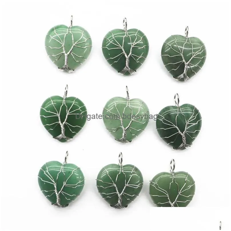 pendant necklaces 5pc natural crystal tree of life heartshaped shape reiki polished mineral healing stone for men women jewelry gift