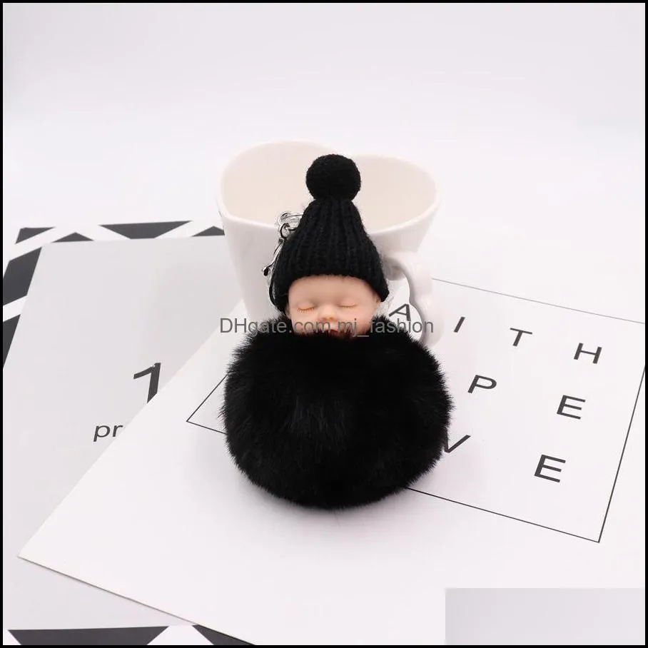 fluffy pompom key rings rabbit fur ball keychains high quality sleeping baby doll keyfobs holder for women pendant keyring