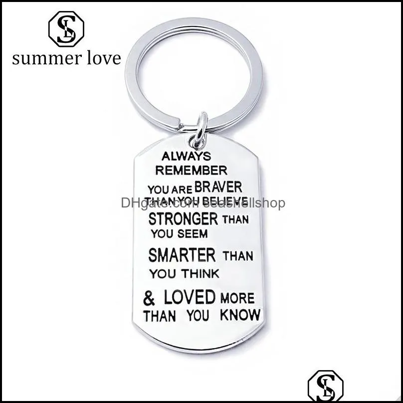 stainless steel key chain ring engraved inspirational word you are braver stronger smarter than you think pendant family friend