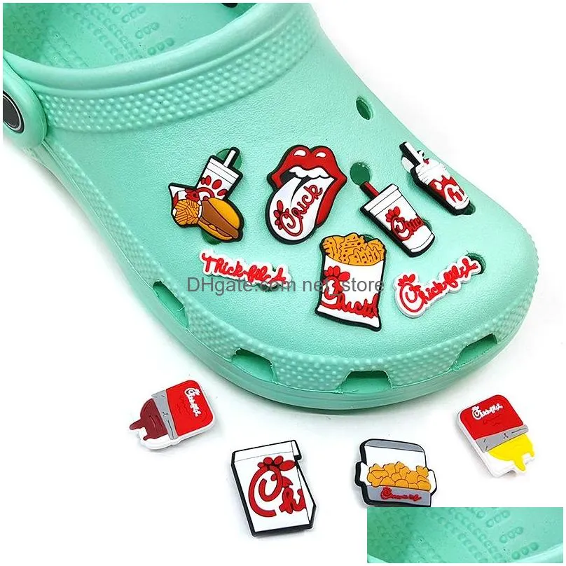 moq 100pcs fried chicken hamburger cola croc jibz 2d soft rubber shoe decorations accessories clog shoe buckles charms kids favor sandals