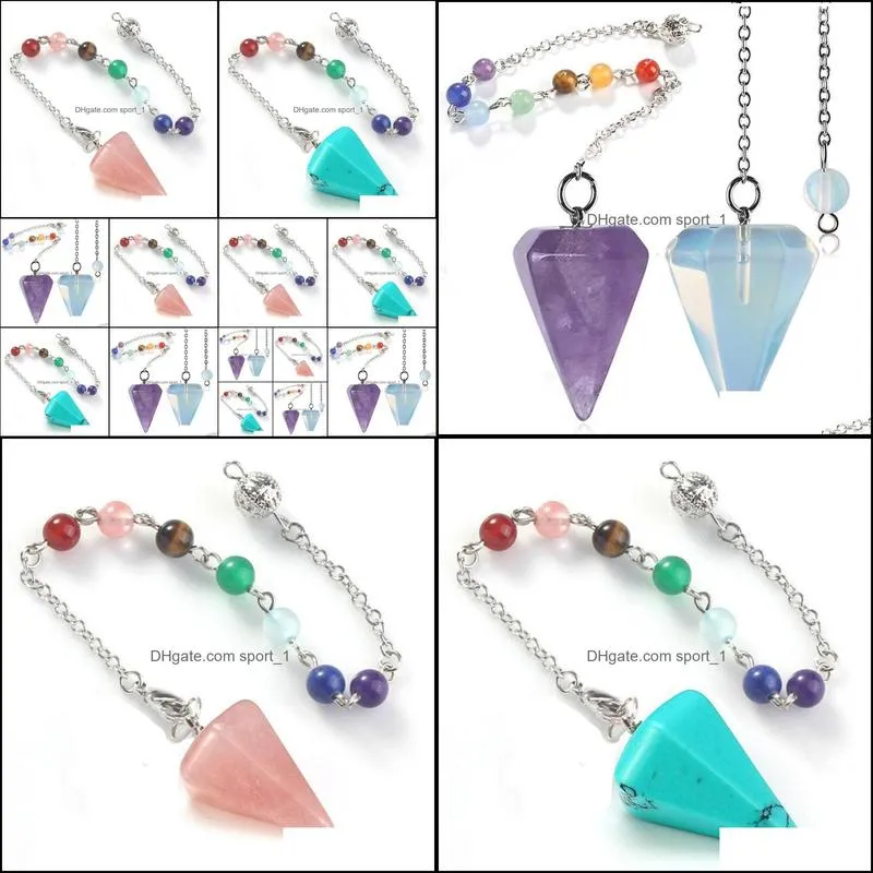 small size natural stone pendulum for dowsing amethysts lapis opal crystal cone healing chakra chain hexagonal pendants necklace