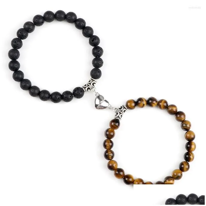 strand 2pcs/set couple bracelets men 8mm natural tiger eye malachite stone beads heart magnet bangle friendship women yoga jewelry