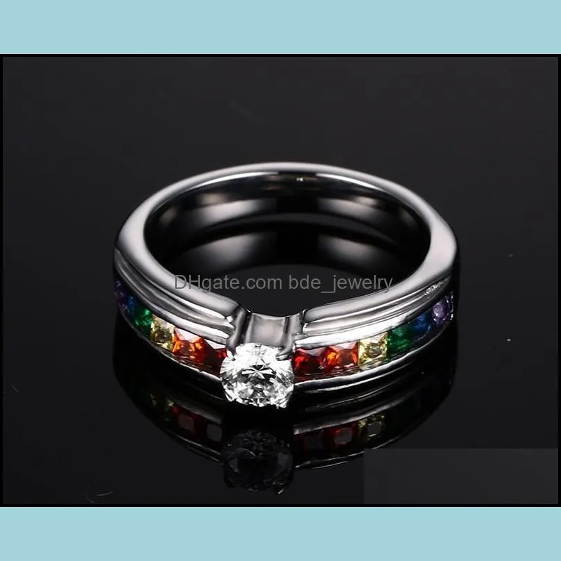 316l stainless steel les rainbow rings women cubic zirconia cz diamond gemstone titanium steel ring for ladies fashion wedding jewelry
