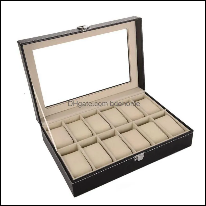 12 slots wrist watch boxes holder storage case organizer black pu leather watch display cases 300x200x80mm